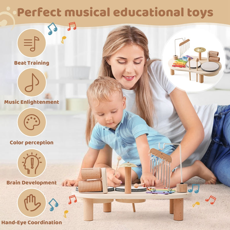 Houten Muziektafel met Xylofoon Trommels en Bekkens voor Kinderen vanaf 1 Jaar