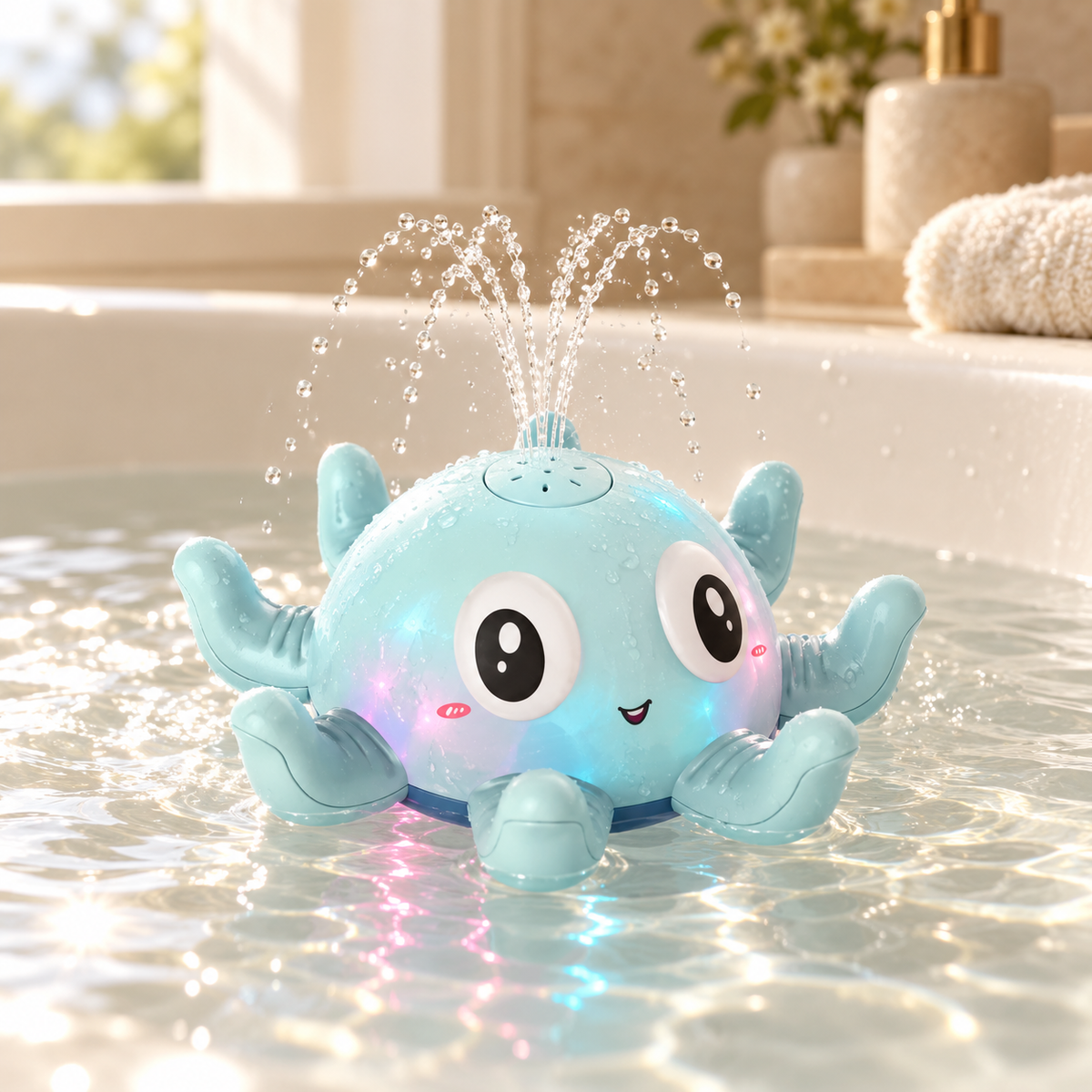 Lichtblauwe octopus badfontein in een luxe badkamer