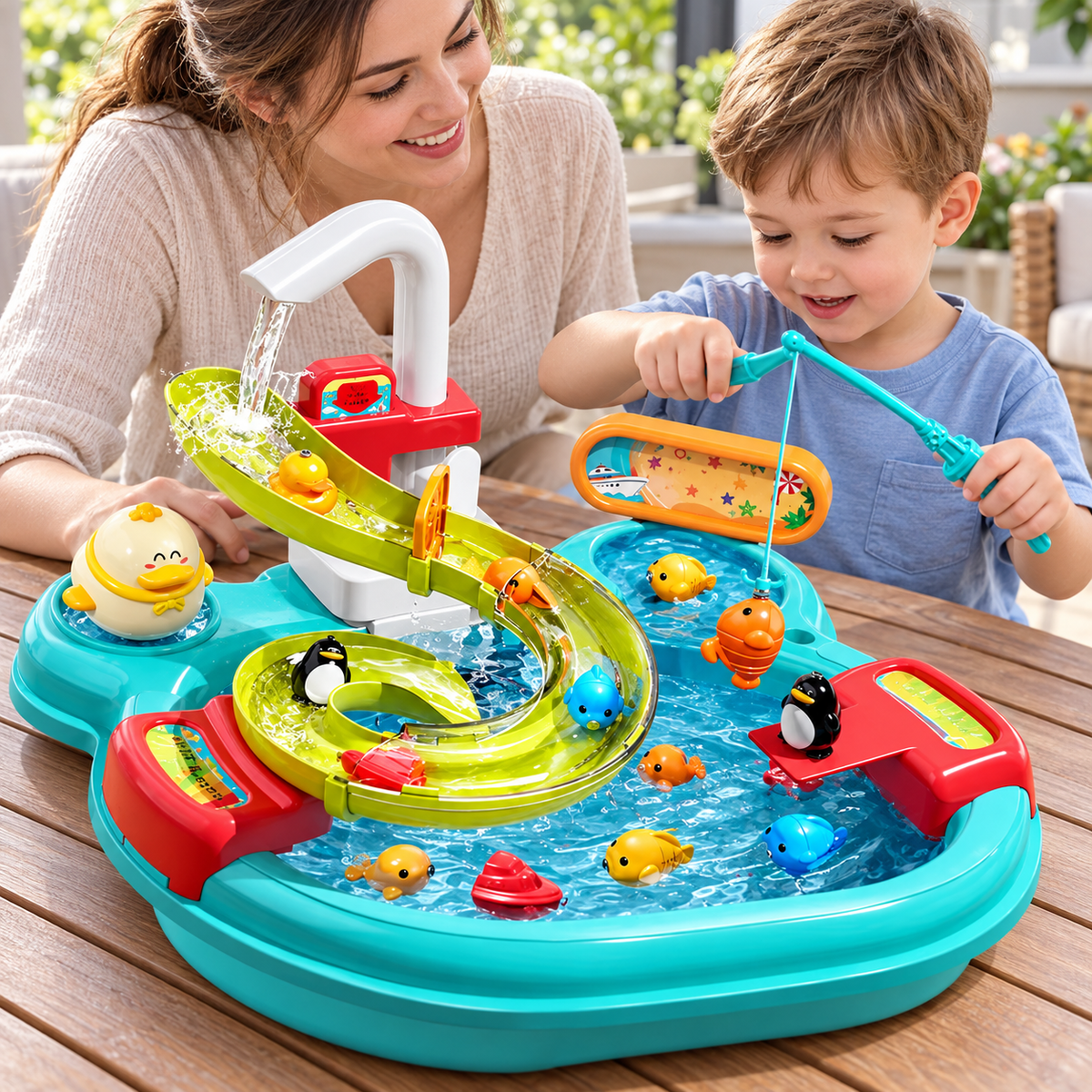 Kind speelt met Gonelve watertafel op het terras